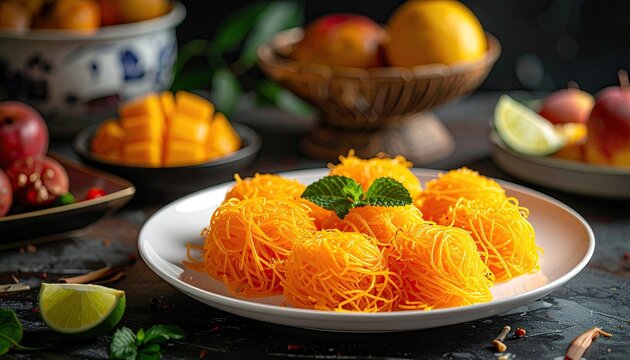 Golden Indian Cham Cham Milk Sweets Macro Closeup with Fresh Mint and Sliced Lime Garnishes on a White Plate Surrounded by Mangoes and Apples with Dark Textured Background