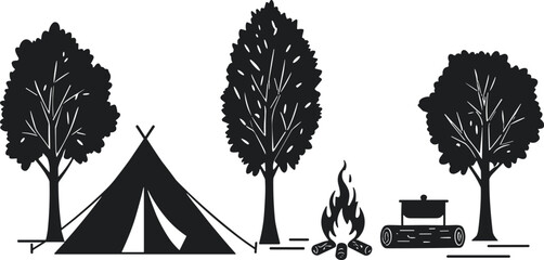 Camping scene silhouette with tent campfire trees and cooking pot, outdoor survival vector art, nature illustration design, cad drawing flat vector illustration