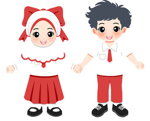 Cheerful Indonesian School Children Illustration Depicting Friendship and Unity, Diverse Students in Red and White Uniforms Ready for Education, Cute Vector Artwork