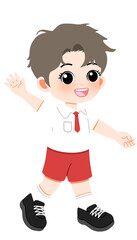 Adorable cartoon illustration of a waving schoolboy with a bright smile and classic red and white uniform, radiating happiness
