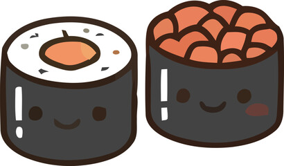 Two Cute Sushi Rolls with Smiling Faces One with Roe Topping © MdSafi