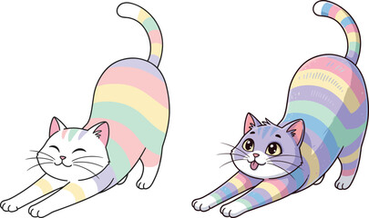 Cartoon cats vector illustration, playful rainbow-striped design, whimsical children’s artwork, colorful animal drawing, creative decorative graphic artwork template