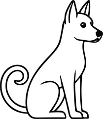 Cartoon dog line drawing, minimalistic sitting dog illustration, playful pet design, whimsical animal sketch, cad drawing flat vector template