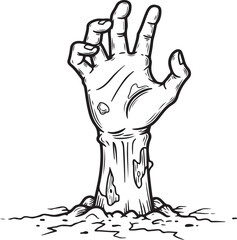 Creepy hand emerging from cracked ground representing a zombie or monster rising from the dead isolated on white background.