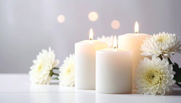 Beautiful white chrysanthemum flowers and burning candles on light background.