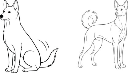 Dog sitting and standing line art, minimalist pet outline, domestic animal sketch, canine posture drawing, cad drawing flat vector illustration