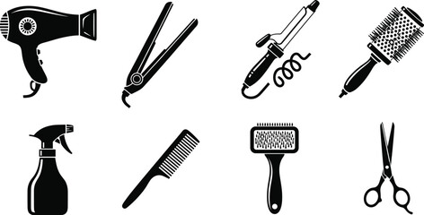 Hair dryer, flat iron, curling iron, round brush, spray bottle, comb, slicker brush, scissors, salon equipment, barber tools, cad drawing flat vector illustration