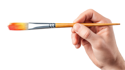 Hand Holding Paint Brush with Red and Yellow Tip - Isolated