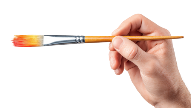 Hand Holding Paint Brush with Red and Yellow Tip - Isolated