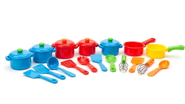 Colorful toy kitchen set isolated on white background for child playtime