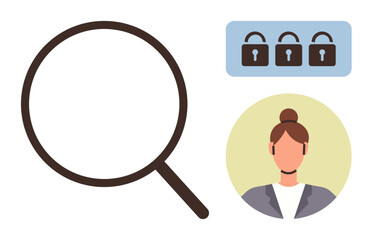 Magnifying glass near avatar and lock icons symbolizes identity verification, security, and data protection. Ideal for cybersecurity, privacy, user access, online security, authentication, identity