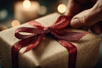 Closeup of hands tying red satin ribbon bow on kraft paper