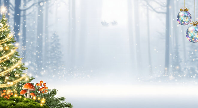 Magical winter forest background with a sparkling Christmas tree, snow, vibrant ornaments, and Santa's sleigh silhouette in a foggy landscape. - Powered by Adobe