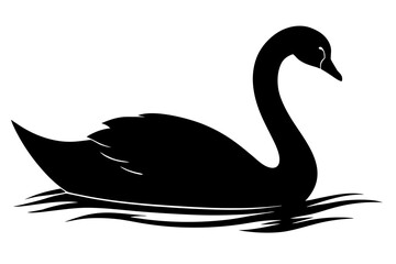 Elegant black swan silhouette gracefully gliding on water with stylized ripples isolated on white background