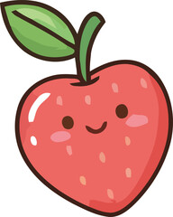 Cute Cartoon Strawberry with a Smiling Face and Green Leaf