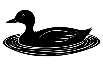 A black silhouette of a duck swimming in water with ripples isolated on white background silhouette
