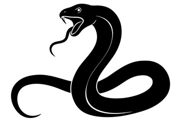 Aggressive black cobra snake silhouette with open mouth and fangs ready to strike isolated on white background