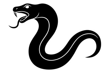 Aggressive black snake silhouette with open mouth and forked tongue striking forward isolated on white background