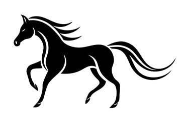 Elegant black horse in motion depicted as a stylized silhouette with flowing mane and tail isolated on a clean white background symbolizing grace and power isolated on white background