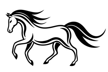 Elegant black and white stylized horse silhouette in motion with flowing mane and tail isolated on white background