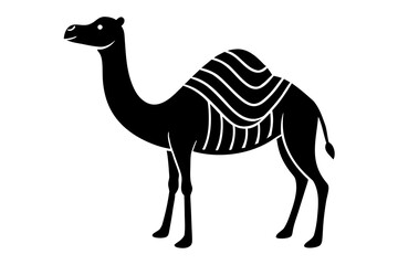 Stylized black silhouette of a dromedary camel with a decorative hump and stripes on its body isolated on white background silhouette