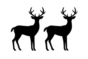 Two elegant black deer silhouettes with impressive antlers standing side by side isolated on white background silhouette
