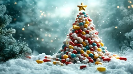 Obraz premium Colorful candy mountain with a star on top surrounded by snowy landscape