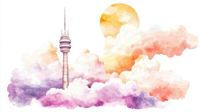 A minimalist tower design with a soft, dreamy cloudscape, ideal for advertising.