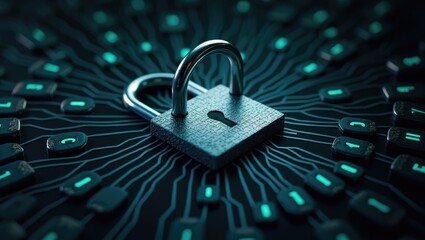 A metallic padlock is positioned centrally atop a circuit board design with illuminated digital keyboard buttons emitting an energetic turquoise glow, highlighting security, data, and digital...