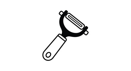 Simple black and white line drawing of a kitchen peeler tool in silhouette style