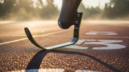 Prosthetic running blade on a track at sunrise - Powered by Adobe