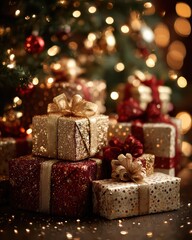 Beautifully wrapped christmas presents  holiday gift decor