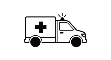 Simple black and white line drawing of an ambulance with a red cross symbol representing emergency medical services silhouette