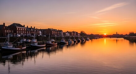 Fototapeta premium boats wait on a calm river near town