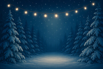 Serene snowy winter forest at night background with dark blue sky, falling snow, pine trees, and warm glowing string lights overhead.
