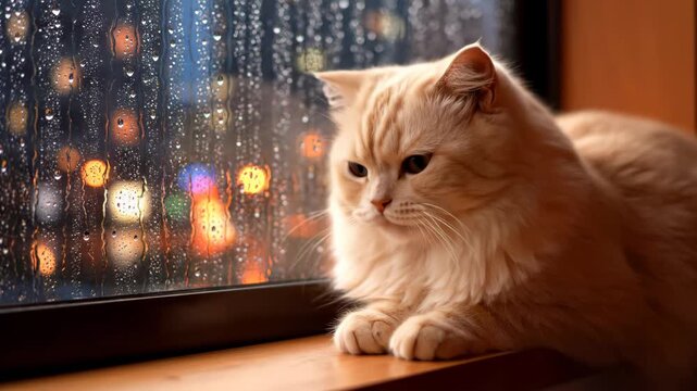 Sad cat looks out window on rainy night showing lonely pet this is a very cozy and melancholic home scene this is a very beautiful and dramatic animal portrait this is a great cute friend