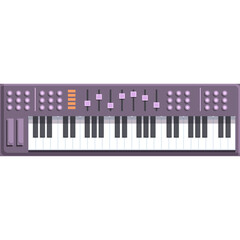 A Purple Electronic Keyboard with Buttons and Sliders on a White Background with a Transparent Background
