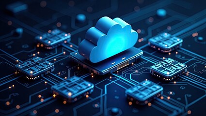 Modern digital abstract graphic showcasing cloud computing with interconnected circuit boards, highlighting data storage, and processing in a futuristic technological composition.