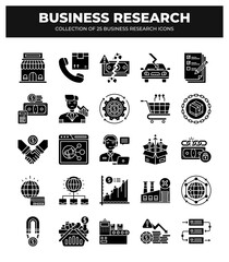 Collection of 25 Business Research Icons:  Market Analysis. Financial Research. and Business Strategy