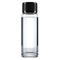 Clear glass bottle with black cap isolated on transparent background, liquid inside