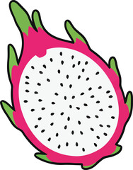 Vibrant Dragon Fruit Slice with Black Seeds and Green Accents Illustration