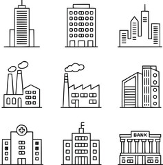 Fototapeta premium Urban Buildings and Skyscrapers Icon Set Minimal Line Vector Cityscape Symbols