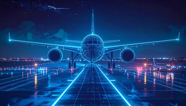Futuristic Airplane on Neon-Lit Runway at Night.