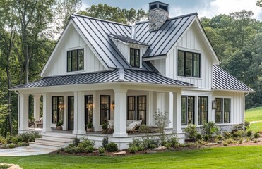 Modern white farmhouse with black metal roof and wraparound porch, elegant country home exterior created with AI