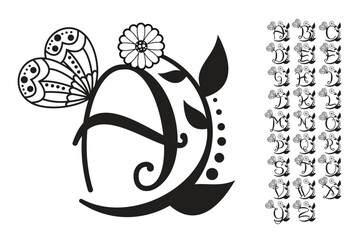 Vector decorative alphabet letters with butterfly and floral design. Elegant ornamental typography with nature-inspired elements, perfect for monogram, logo, or invitation design.