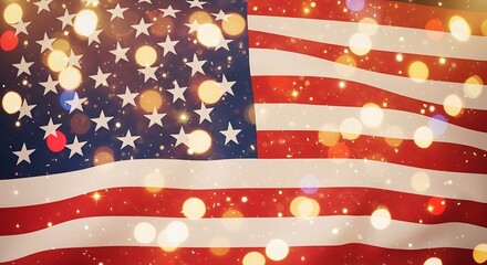 Fototapeta premium Patriotic american flag with festive glowing lights and bokeh effect