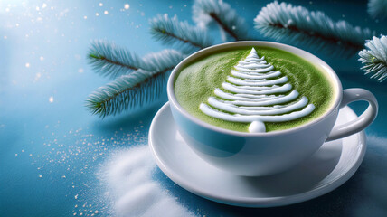A white cup of green tea Matcha Latte art with snow and pine branches creating cozy winter atmosphere background. Concept for holiday Christmas and New Year drinks. Generated image
