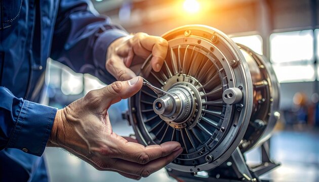 Skilled Mechanic Inspecting Complex Engine Part in Workshop.