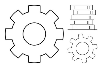 Large and small cogwheels beside stacked books highlight teamwork, process improvement, and learning. Ideal for technology, innovation, engineering, education, teamwork, automation simple flat
