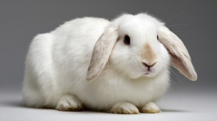 Fototapeta premium A white rabbit with brown ears is sitting on a white surface